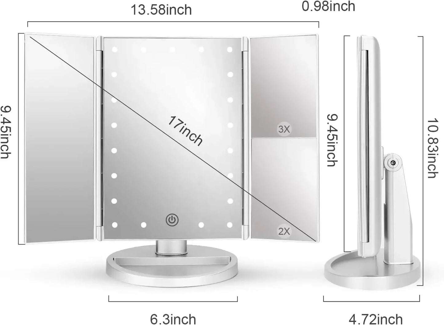 Espejo de Maquillaje con Luz LED Regulable – Plegable en Tres Partes, Pantalla Táctil, Aumento, Rotación Ajustable y Diseño Portátil para Casa o Viaje