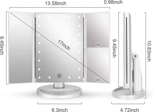 Espejo de Maquillaje con Luz LED Regulable – Plegable en Tres Partes, Pantalla Táctil, Aumento, Rotación Ajustable y Diseño Portátil para Casa o Viaje