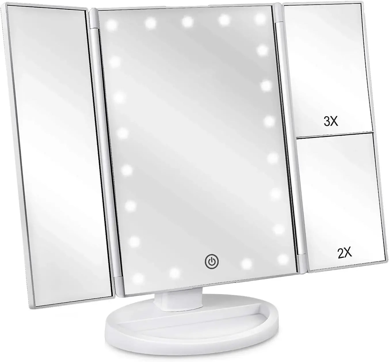 Espejo de Maquillaje con Luz LED Regulable – Plegable en Tres Partes, Pantalla Táctil, Aumento, Rotación Ajustable y Diseño Portátil para Casa o Viaje